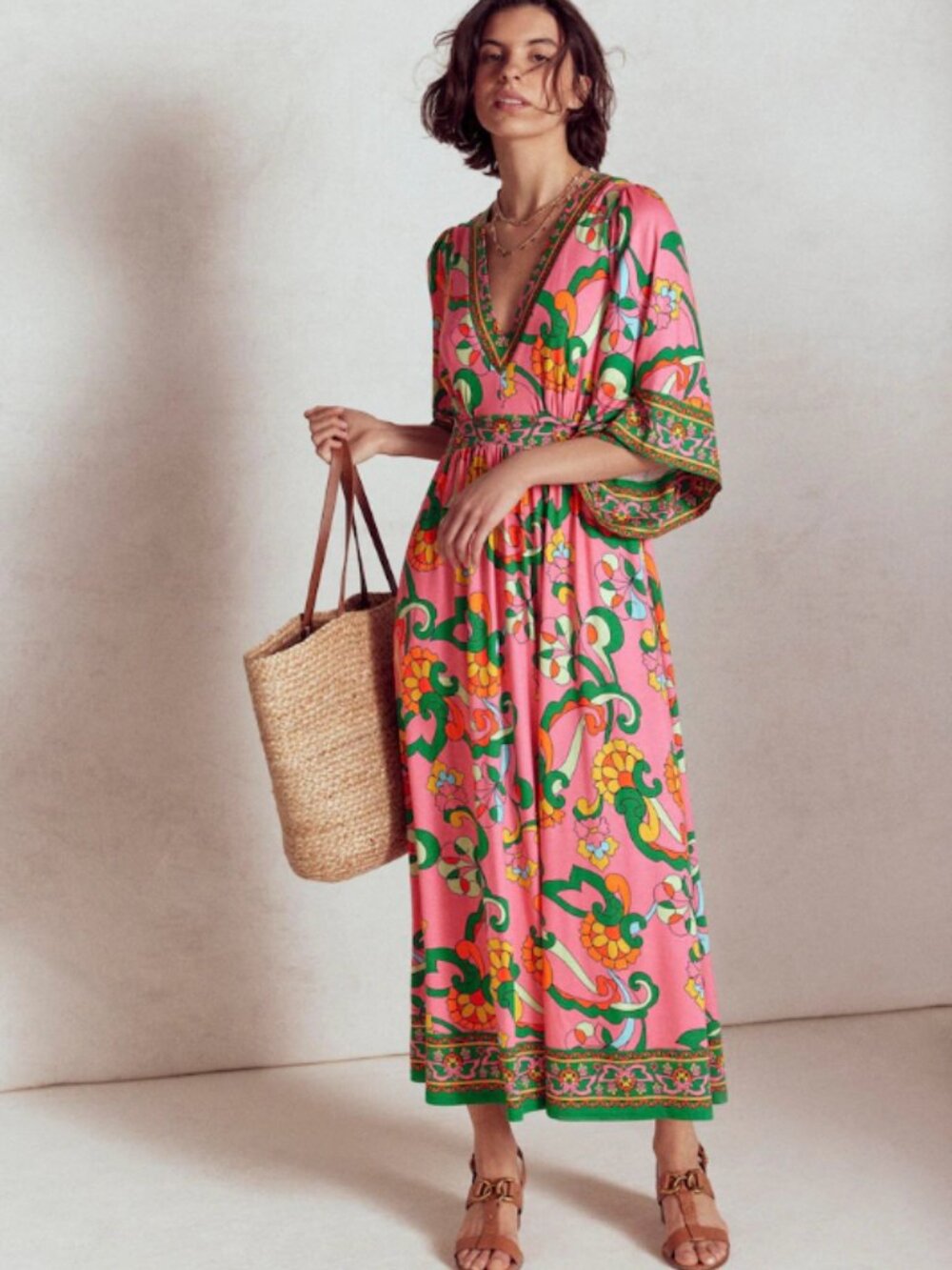 Boden Maya Pink Floral Kimono Maxi Jersey Dress 1970s Accents